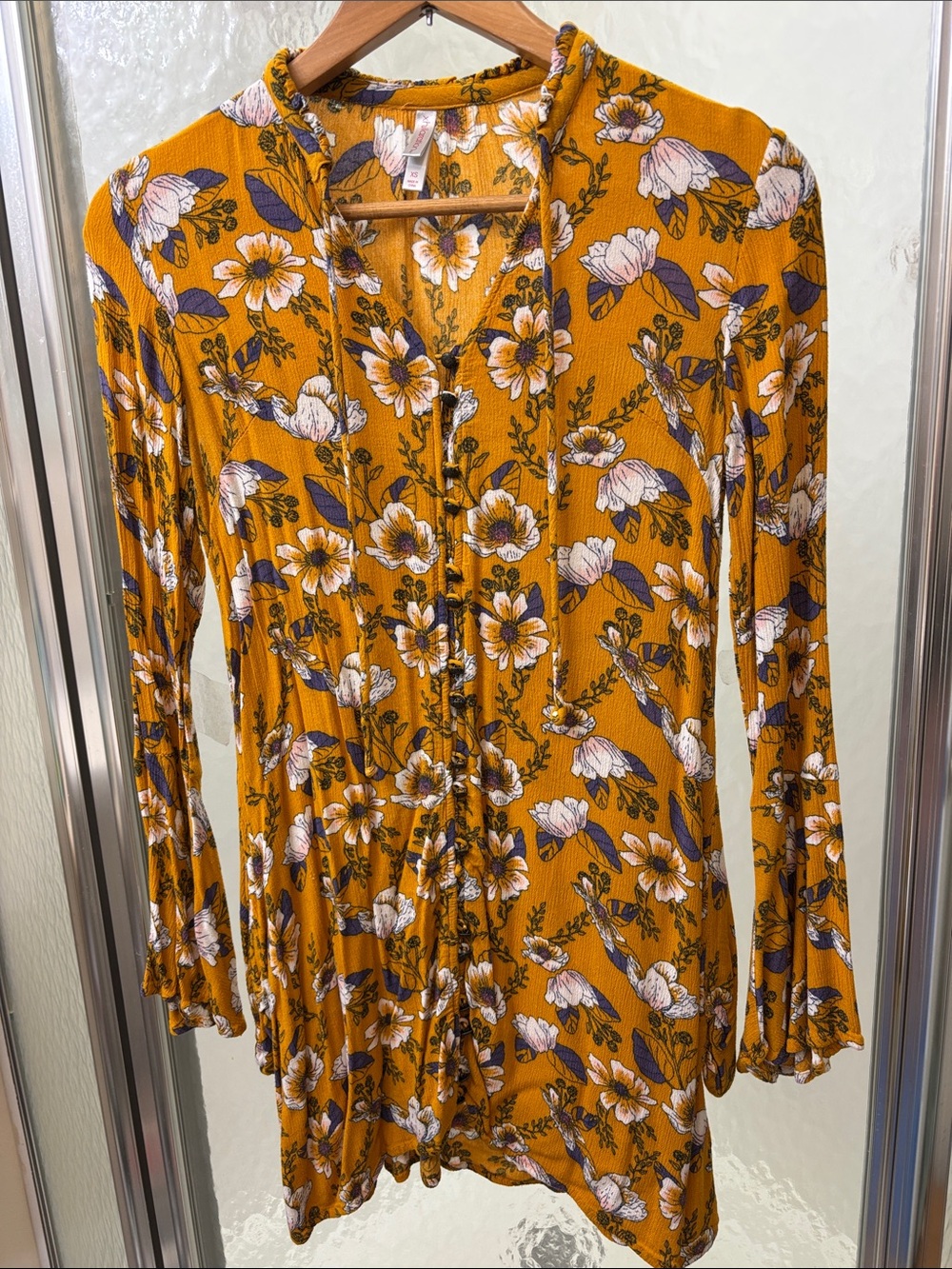 Xhilaration Mustard Floral Button-Front Tunic with pockets, XS